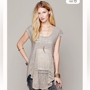 Free People Gauzy Cotton Linen Blend Crotchet Short Cap Sleeve Top Tunic Blouse